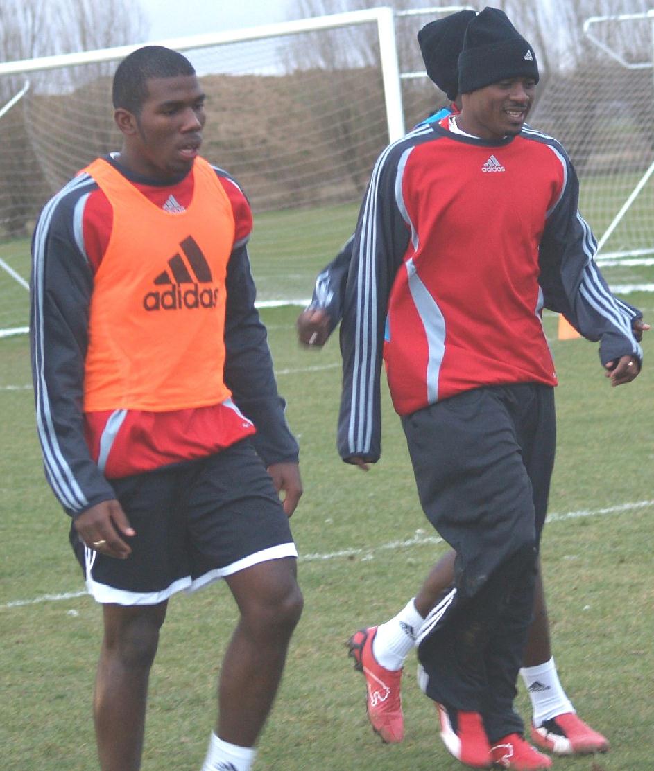 FL: Kevon Neaves and Cyd Gray in training for T&T as they get ready to face Iceland in 2006 (Photo: Shaun Fuentes).